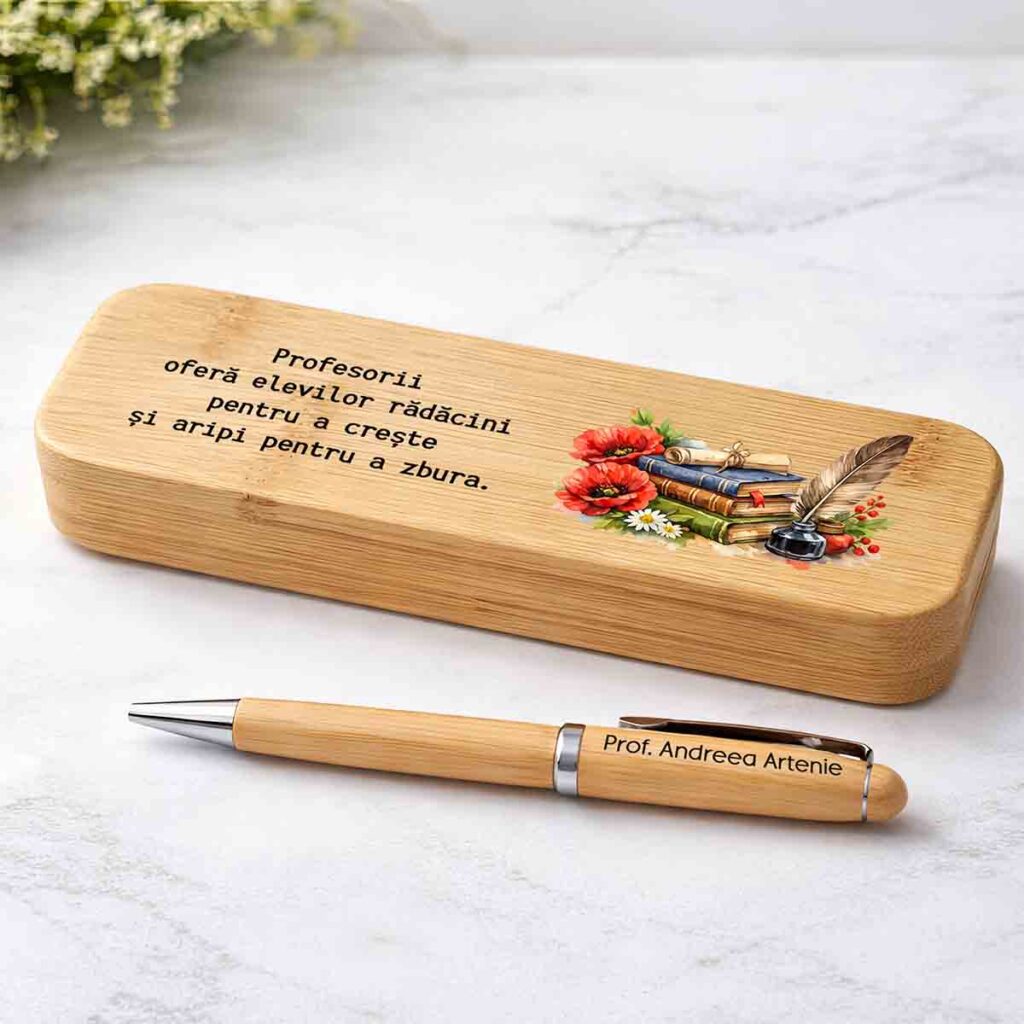 Cadou personalizat profesor pix bambus si cutie lemn gravata mesaj emotional de la elevi Dedaruit