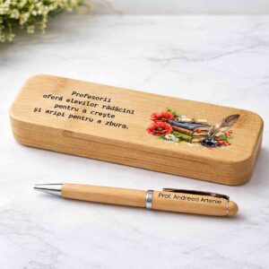 Cadou personalizat profesor pix bambus si cutie lemn gravata mesaj emotional de la elevi Dedaruit