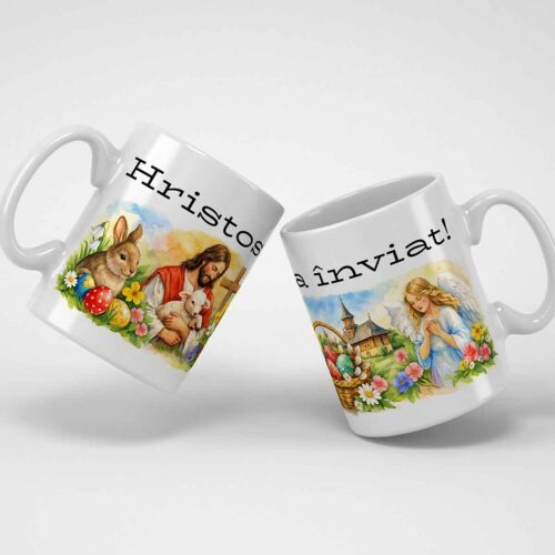Cană ceramică de Paște cu design festiv și mesaj Hristos a Înviat