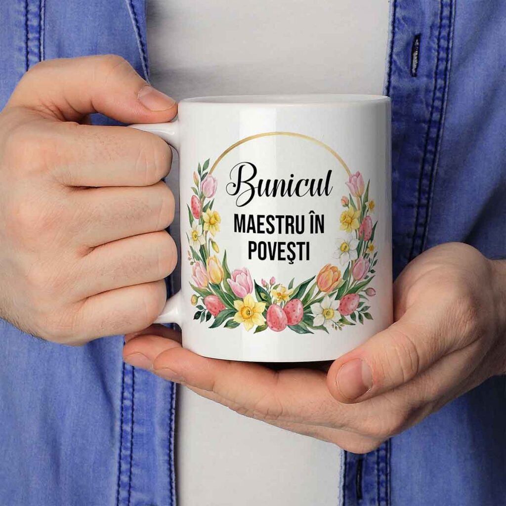 Cană de Paște personalizată pentru bunic cu mesaj special și design floral, cadou personalizat pentru bunic disponibil pe Dedaruit