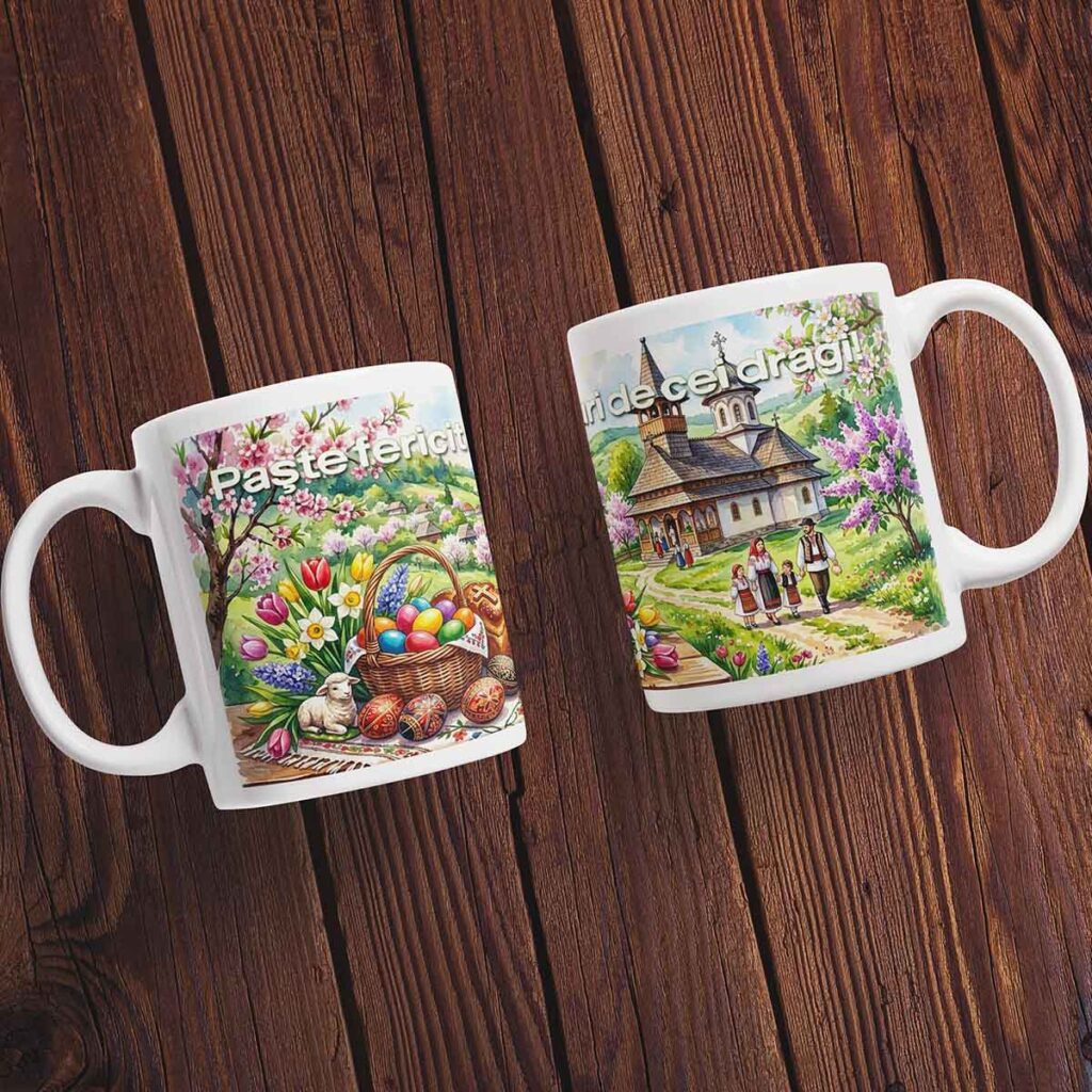 cană personalizată de Paște cu mesaj Paște fericit alături de cei dragi design tradițional Dedaruit