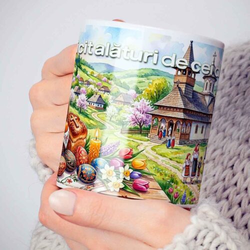 cană cadou personalizată de Paște cu ilustrație tradițională, ouă încondeiate și mesaj Paște fericit pentru cei dragi