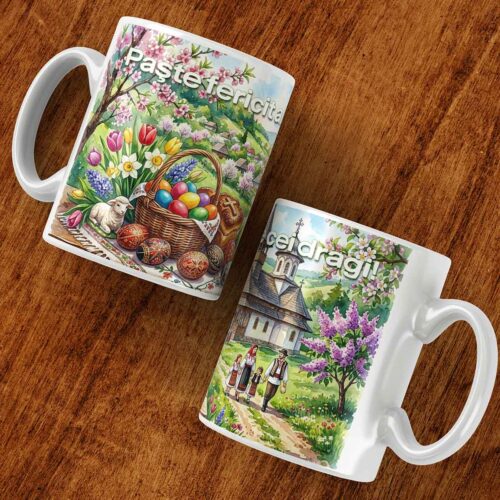 cană personalizată de Paște cu mesaj Paște fericit alături de cei dragi, design cu ouă decorate și peisaj tradițional
