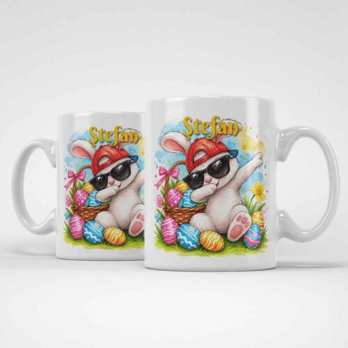 cană personalizată cu iepuraș cool care face dab și ouă de Paște colorate realizata la Dedaruit