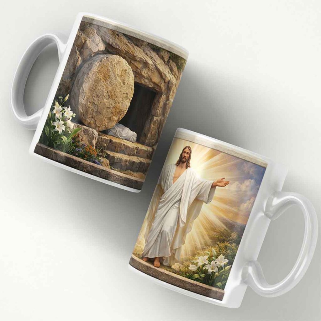 Cană personalizată Paște cu Iisus și lumină divină – design creștin