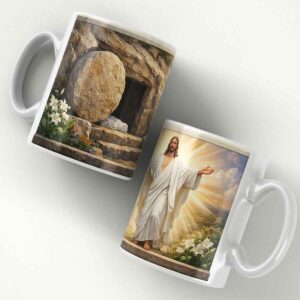 Cană personalizată Paște cu Iisus și lumină divină – design creștin