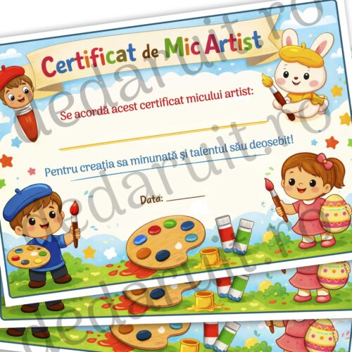 Certificat cadou Paste copii personalizat inclus in set pictura iepuras Dedaruit, bonus special pentru cei mici