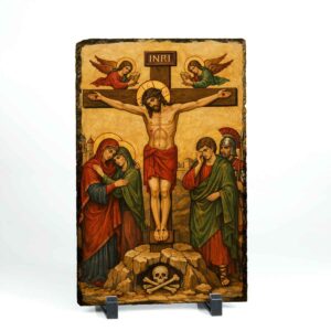 Icoana Rastignirii Mantuitorului pe ardezie cu Maica Domnului si Apostolul Ioan