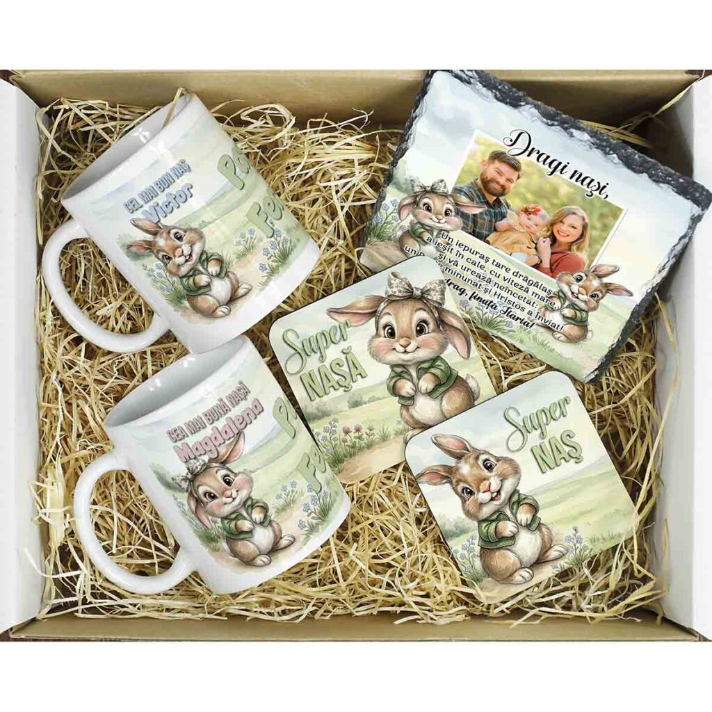 Set cadou personalizat de Paște pentru nași cu căni cu nume, ardezie cu poză și suporturi MDF – Dedaruit