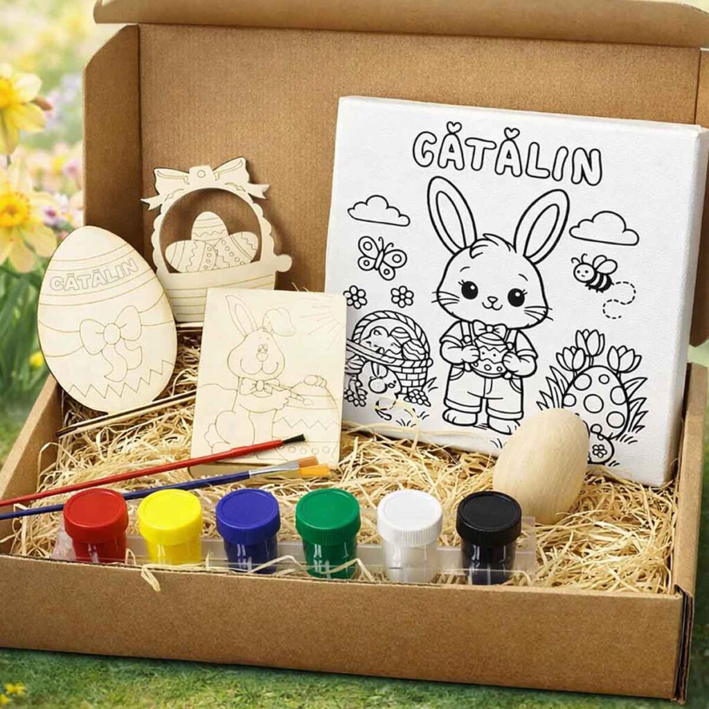 Set pictura Paste copii personalizat cu nume, canvas, figurine lemn, acuarele si pensule in cutie cadou Dedaruit