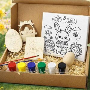 Set pictura Paste copii personalizat cu nume, canvas, figurine lemn, acuarele si pensule in cutie cadou Dedaruit