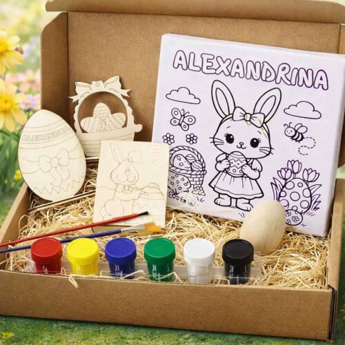 Set pictura Paste copii personalizat cu nume, canvas, figurine lemn, acuarele si pensule in cutie cadou Dedaruit