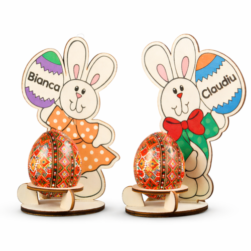 Suport ou Paste personalizat iepuras fetita si baiat din lemn cu nume Bianca si Claudiu decoratiune masa Paste
