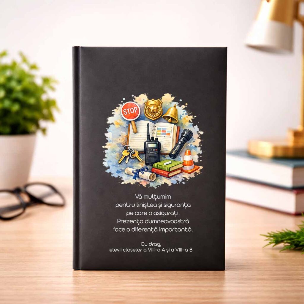 Agendă cadou pentru gardian personalizată cu mesaj de apreciere pentru personalul de securitate școlară, design elegant Dedaruit