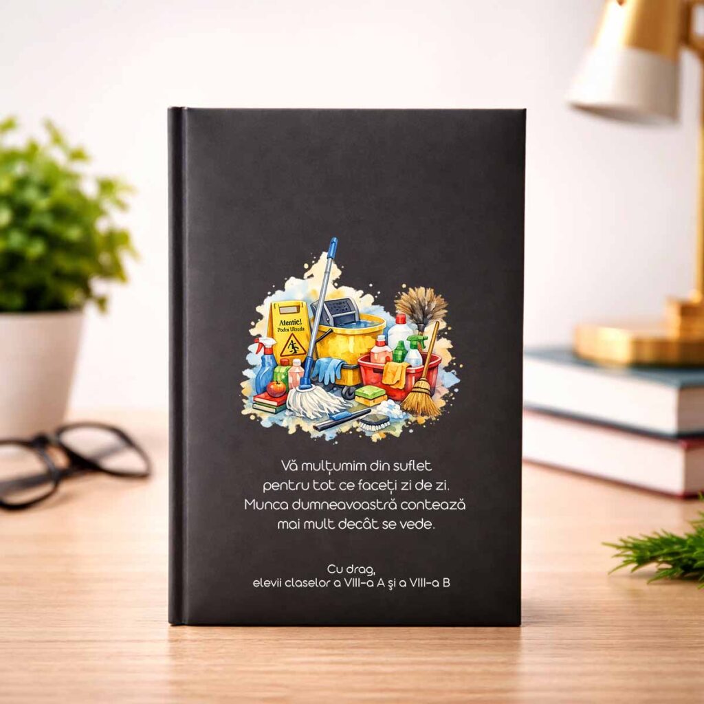 Agendă cadou personalizată pentru femeie de serviciu din școală, cu mesaj de mulțumire din partea elevilor, design elegant