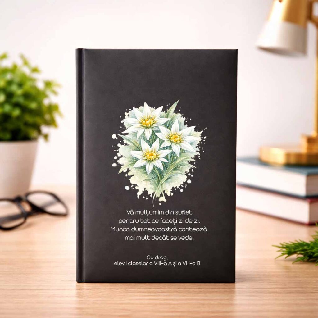 Agenda personalizata cadou profesori cu flori albe si mesaj de multumire elegant de la elevi