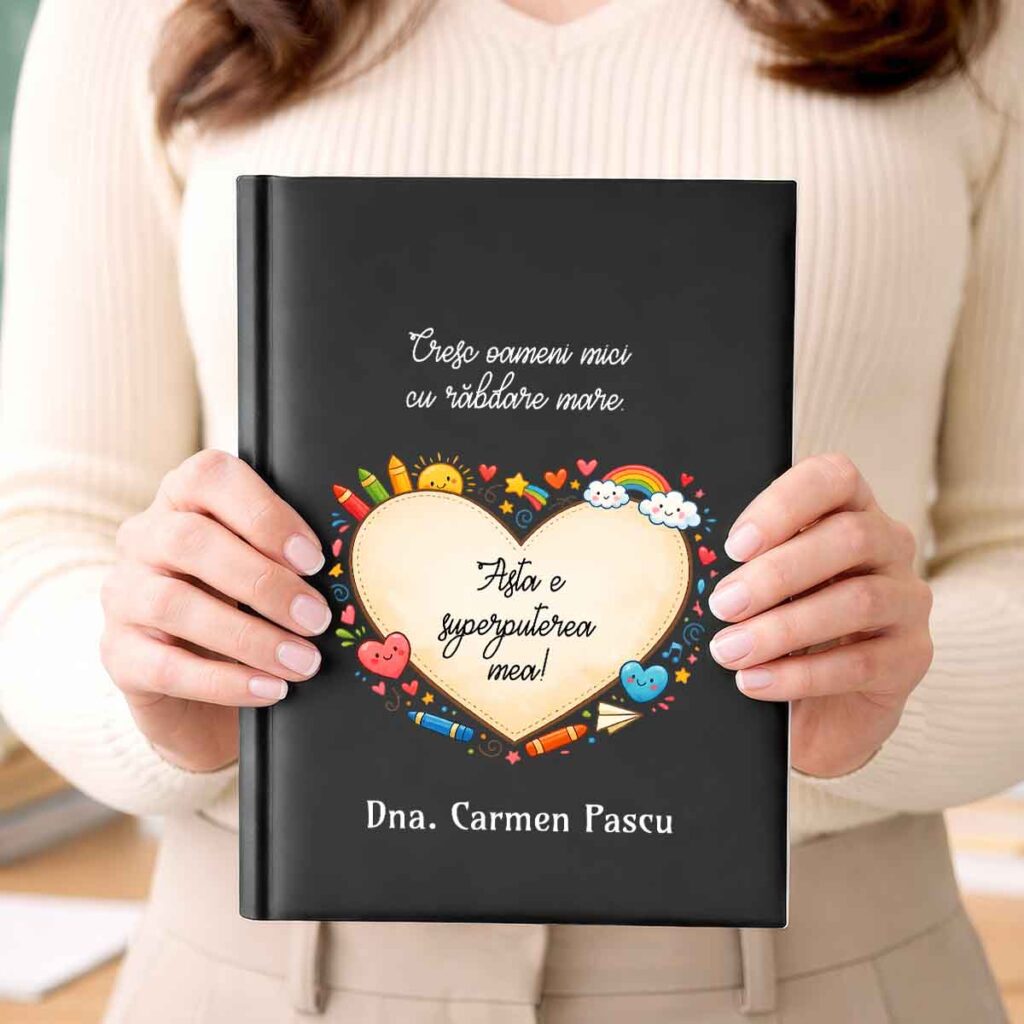 Agendă personalizată pentru educatoare cu nume și mesaj „Cresc oameni mici cu răbdare mare”