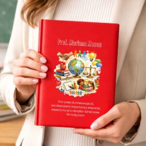 Agendă personalizată pentru profesoara de educație socială, copertă roșie cu design educațional și mesaj emoționant