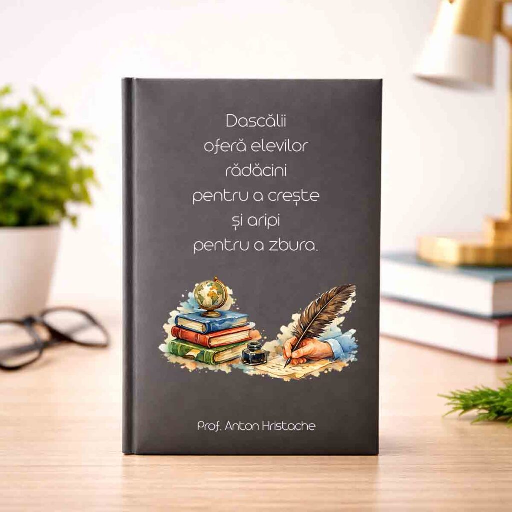 Agendă personalizată profesor elegantă, cu nume și mesaj. Cadou special perfect pentru profesori dedicați.