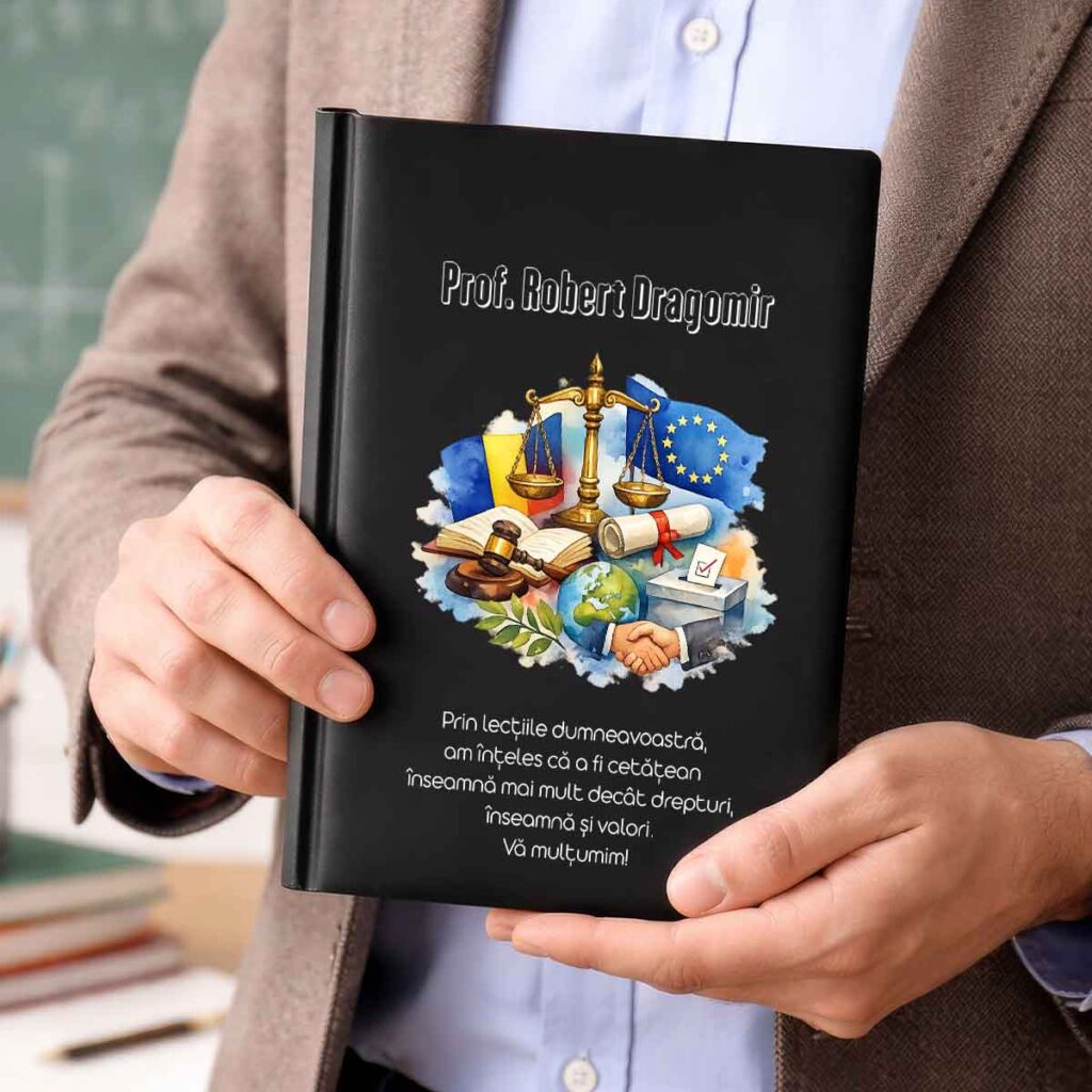 Agendă personalizată pentru profesorul de educație civică cu nume și mesaj, disponibilă în negru roșu și albastru – Dedaruit