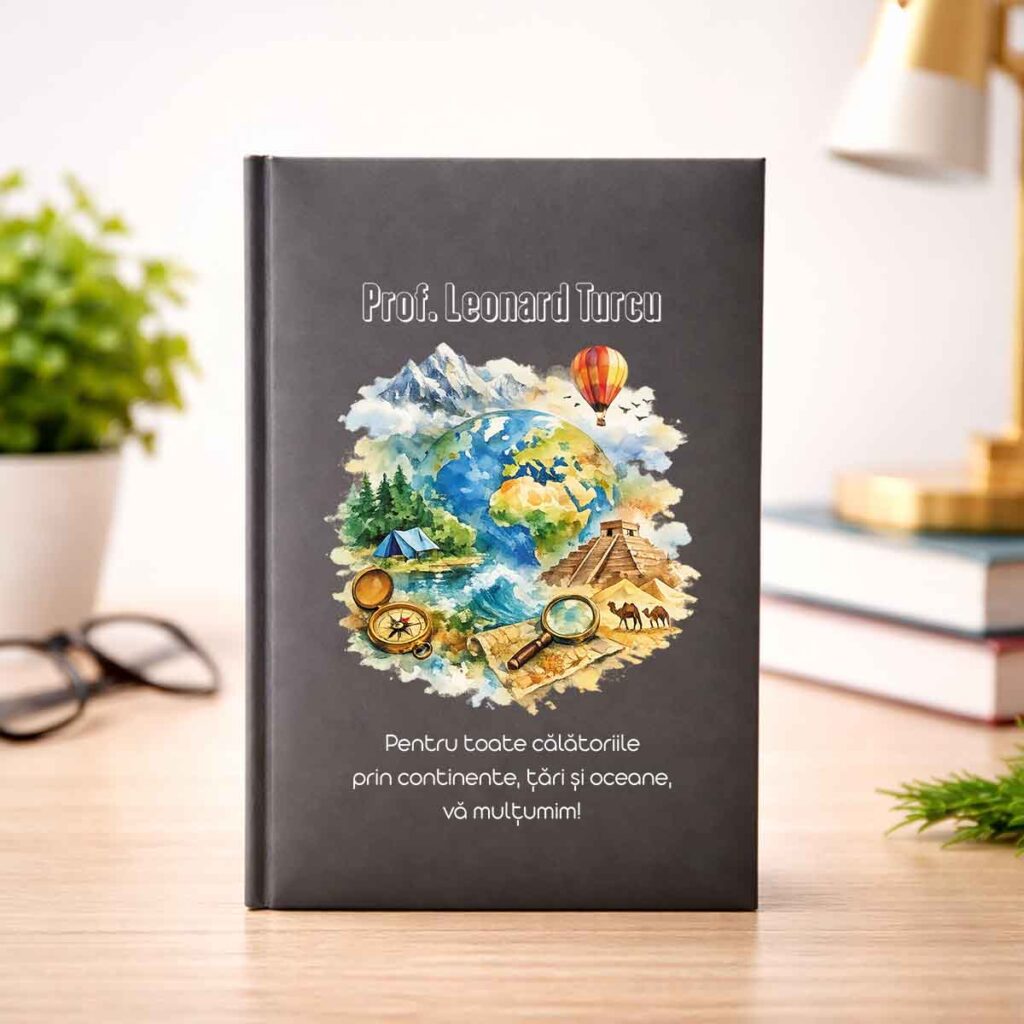 Agendă personalizată pentru profesorul de geografie cu nume și mesaj special, design cu hartă și elemente geografice