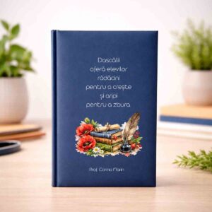 Agendă personalizată pentru profesori de culoare albastră cu ilustrație florală și mesaj despre dascăli.