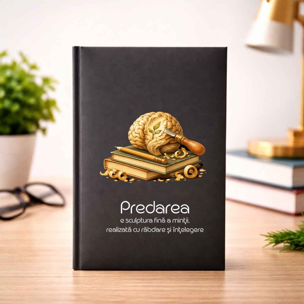 Agenda personalizata profesori A5, model negru cu ilustratie creier sculptat si mesaj despre educatie, de pe Dedaruit.ro.