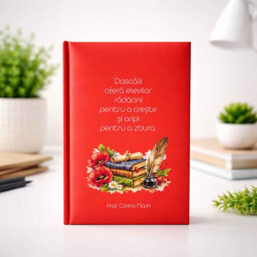 Agendă personalizată pentru profesori de culoare rosie cu ilustrație florală și mesaj despre dascăli.