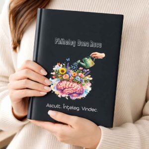Agendă personalizată pentru psiholog cu nume și mesaj, design elegant cu creier și flori, cadou special