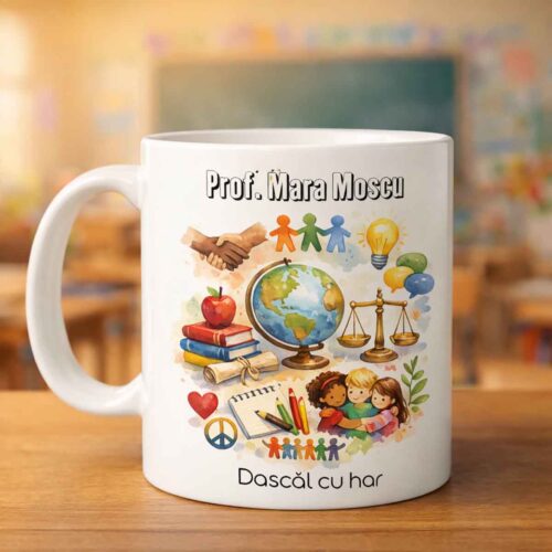 Cană personalizată profesor sociala cu nume și mesaj Dascăl cu har, cadou special pentru profesoară, design educațional colorat