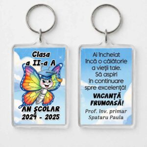breloc personalizat absolvire elevi cu fluturas colorat pentru clasa primara