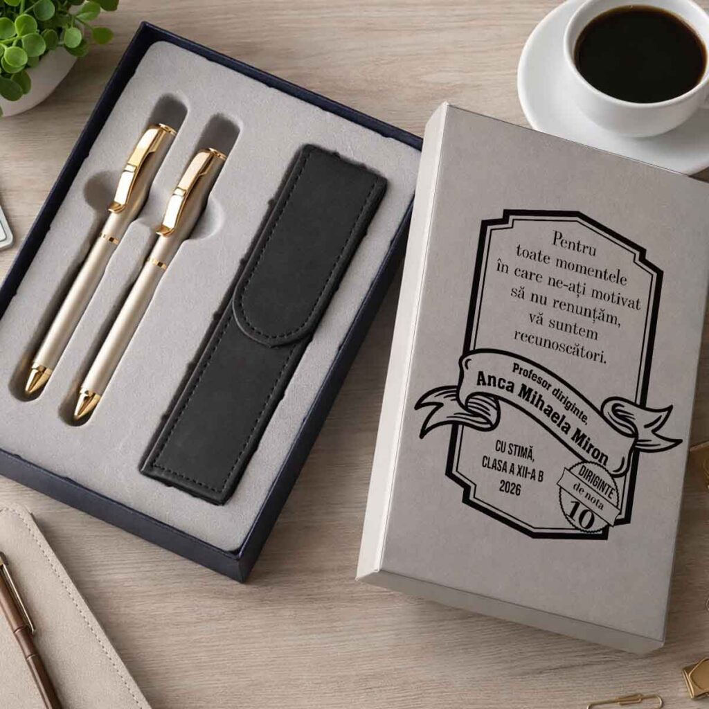 Cadou pentru dirigintă set stilou și pix premium personalizat în etui elegant Dedaruit