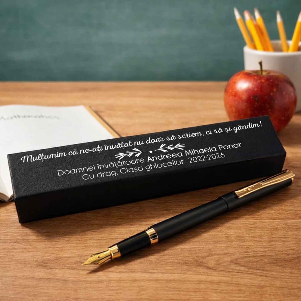 Cadou personalizat învățătoare stilou elegant în cutie gravată, set premium de dăruit de la Dedaruit pentru profesoară