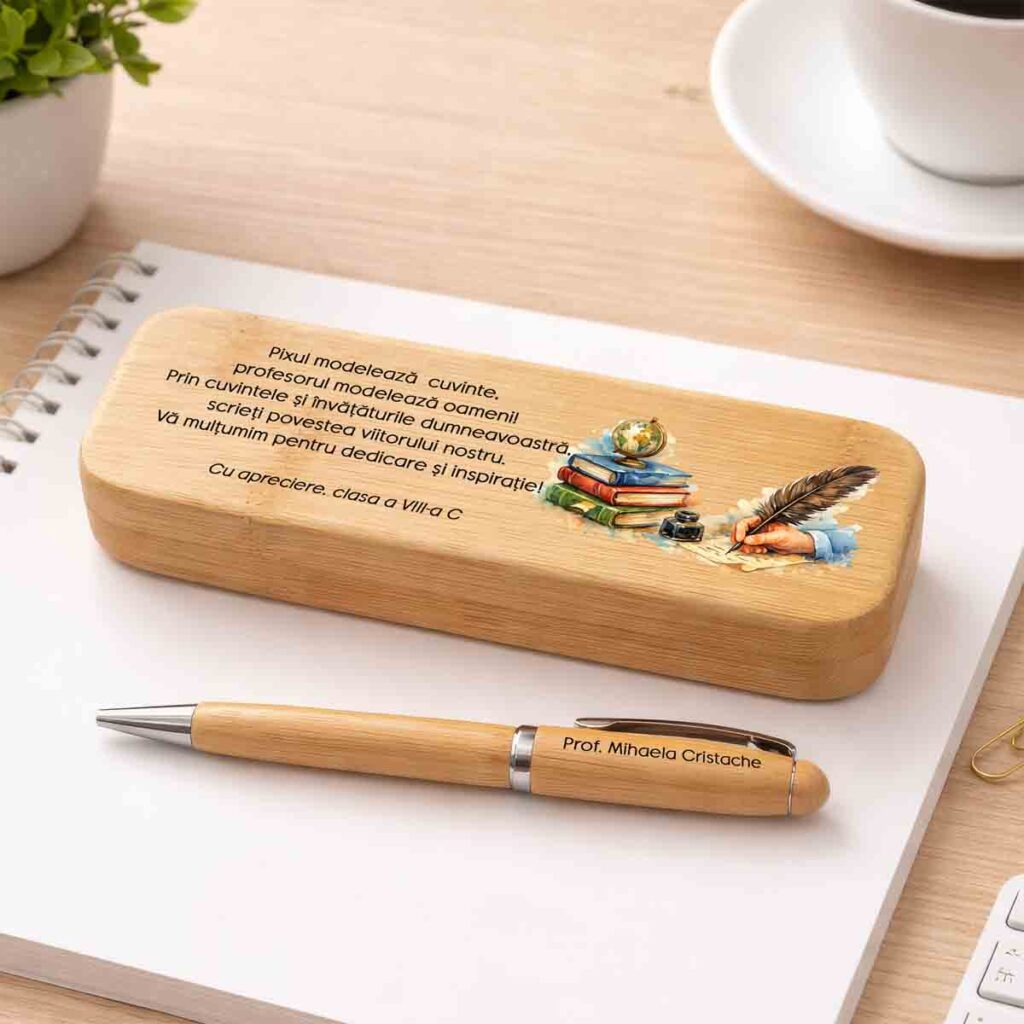 Cadou personalizat profesor set pix bambus premium cu cutie gravata Dedaruit