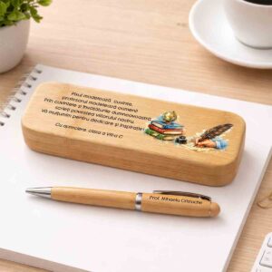 Cadou personalizat profesor set pix bambus premium cu cutie gravata Dedaruit