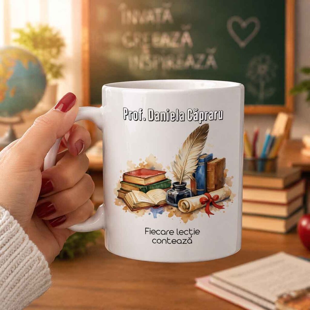 Cana cadou profesoare Profa de Romana din ceramica alba – Dedaruit