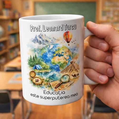 Cana cadou profesor geografie din ceramica alba, ideala pentru scoala