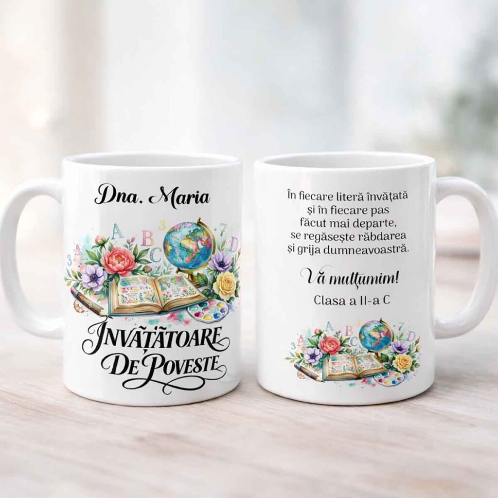 Cană personalizată pentru învățătoare cu nume și mesaj de mulțumire, design floral și educațional