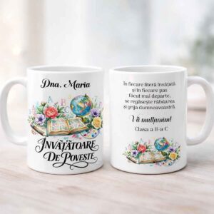 Cană personalizată pentru învățătoare cu nume și mesaj de mulțumire, design floral și educațional