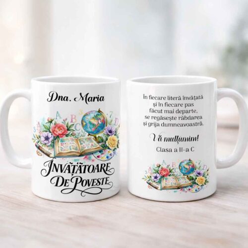 Cană personalizată pentru învățătoare cu nume și mesaj de mulțumire, design floral și educațional