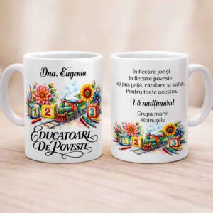 Cana personalizata pentru educatoare cu nume si mesaj de multumire, cadou special gradinita Dedaruit design colorat