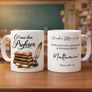 Cana personalizată pentru profesor din ceramică albă, cadou special cu mesaj emoționant de la Dedaruit