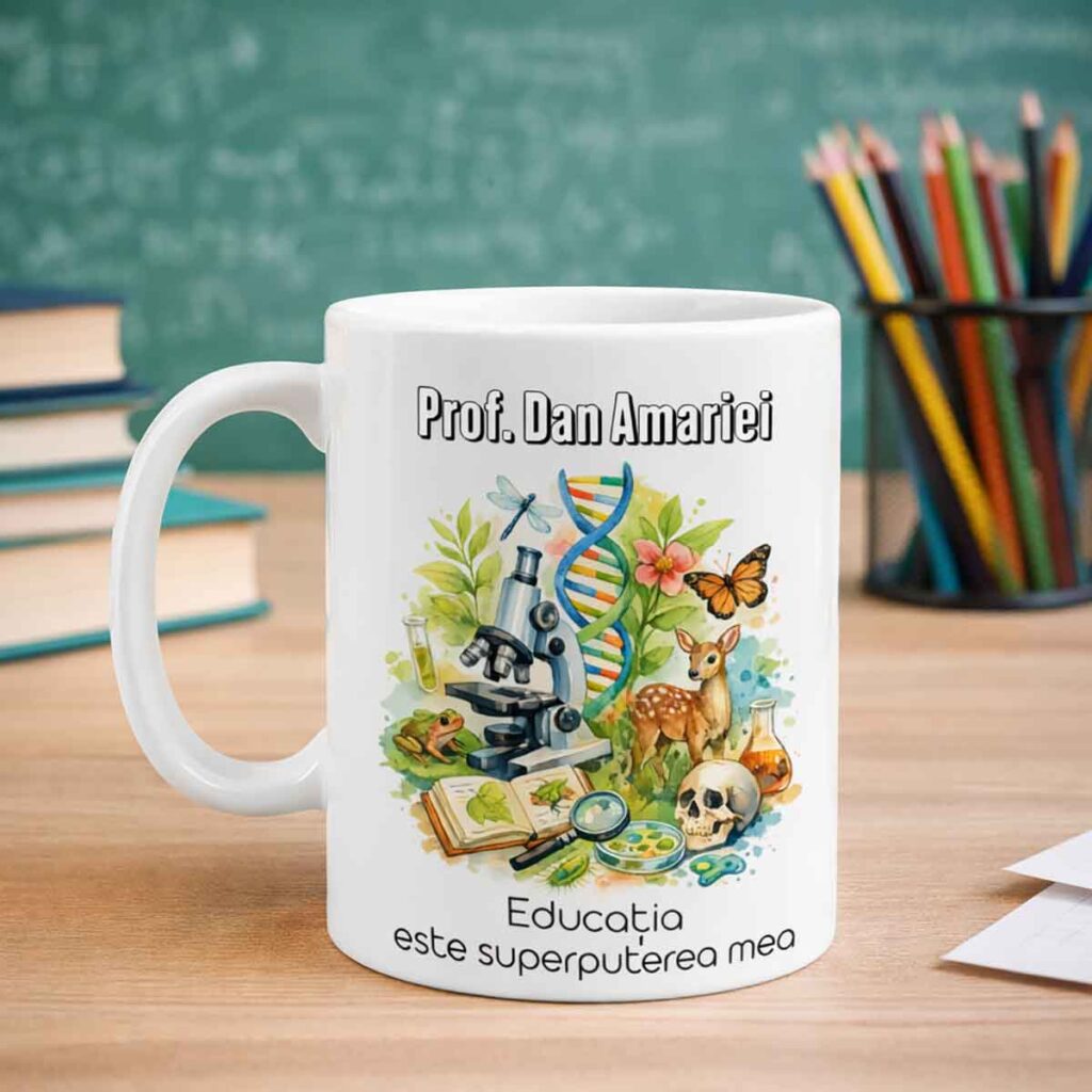 Cană personalizată pentru profesor de biologie cu mesaj special – cadou Dedaruit