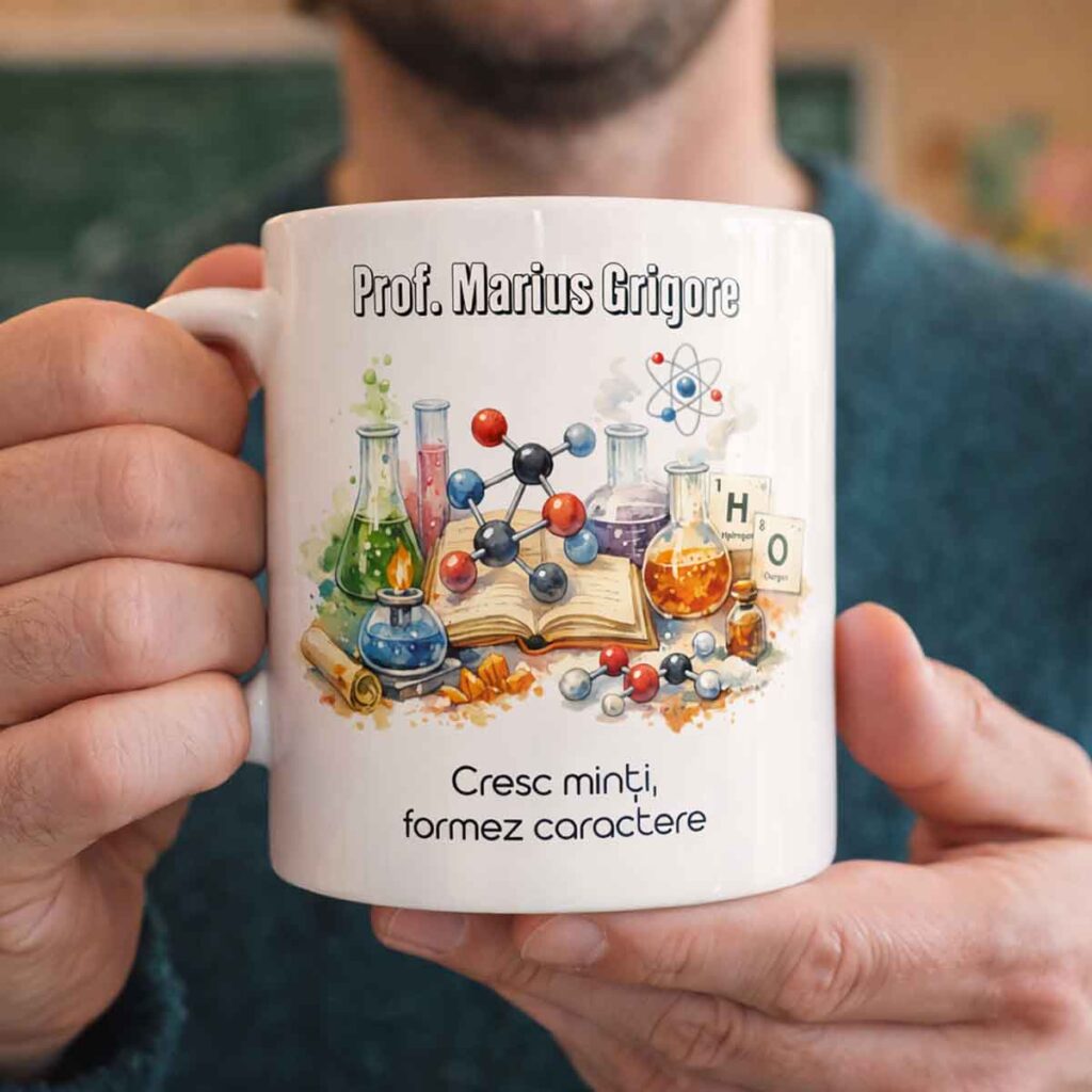 Cana personalizata profesor chimie cu mesaj si design stiintific – cadou pentru profesori Dedaruit