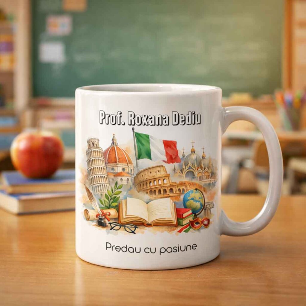 Cană personalizată profesor italiană cu nume și mesaj Predau cu pasiune, design cu simboluri Italia Pisa Colosseum