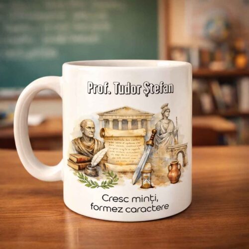 Cană personalizată profesor latină cu nume și mesaj „Cresc minți, formez caractere”, cadou elegant pentru profesor
