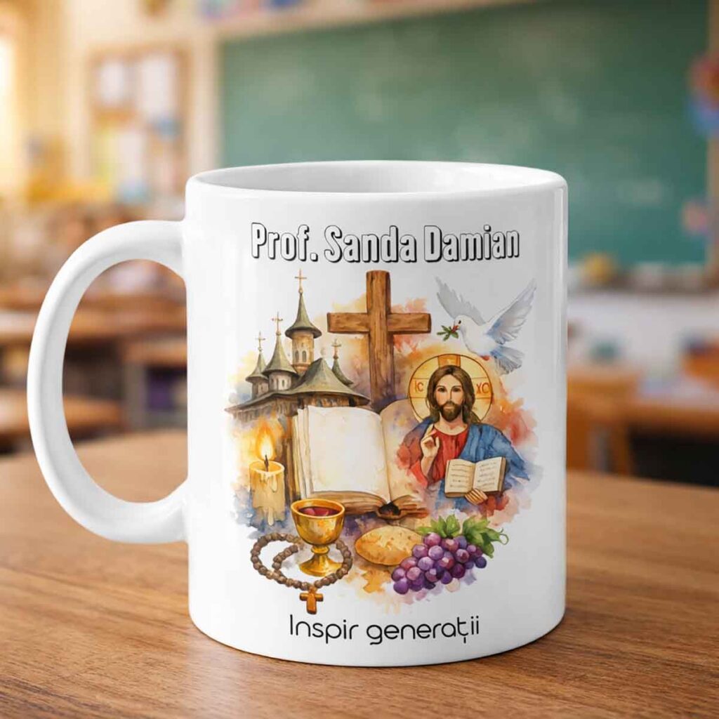 Cana personalizata pentru profesor de religie cu mesaj de multumire si nume, cadou special de la Dedaruit