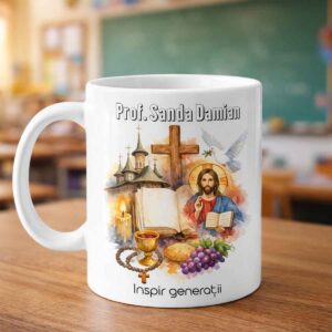 Cana personalizata pentru profesor de religie cu mesaj de multumire si nume, cadou special de la Dedaruit
