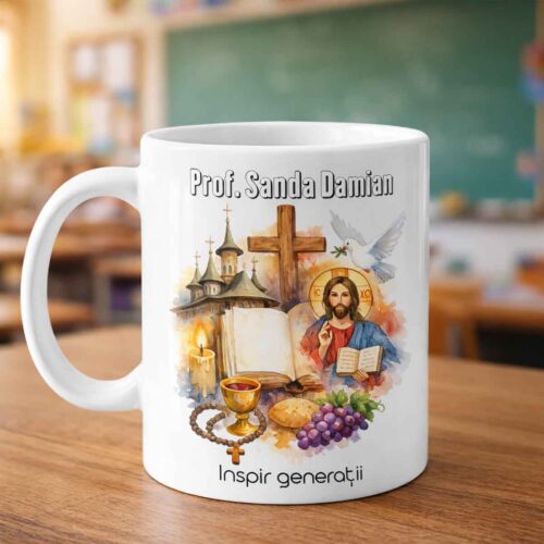 Cana personalizata pentru profesor de religie cu mesaj de multumire si nume, cadou special de la Dedaruit