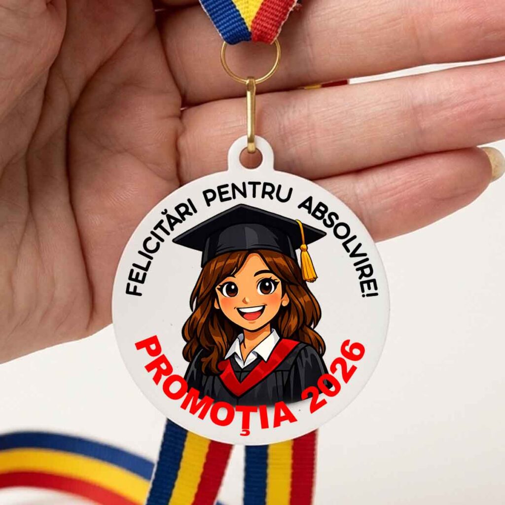 medalie absolvire fata promotia 2026 cu funda tricolor si design vesel pentru copii